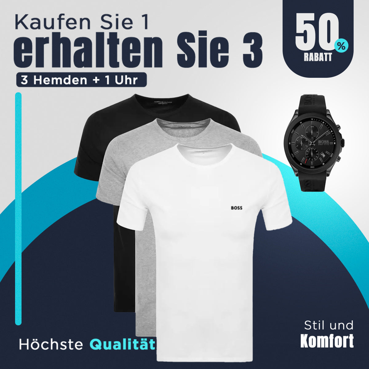 [KAUFEN SIE 1, ERHALTEN SIE 4] Kit 3 Boss T-Shirts + Polo-Uhr als Geschenk