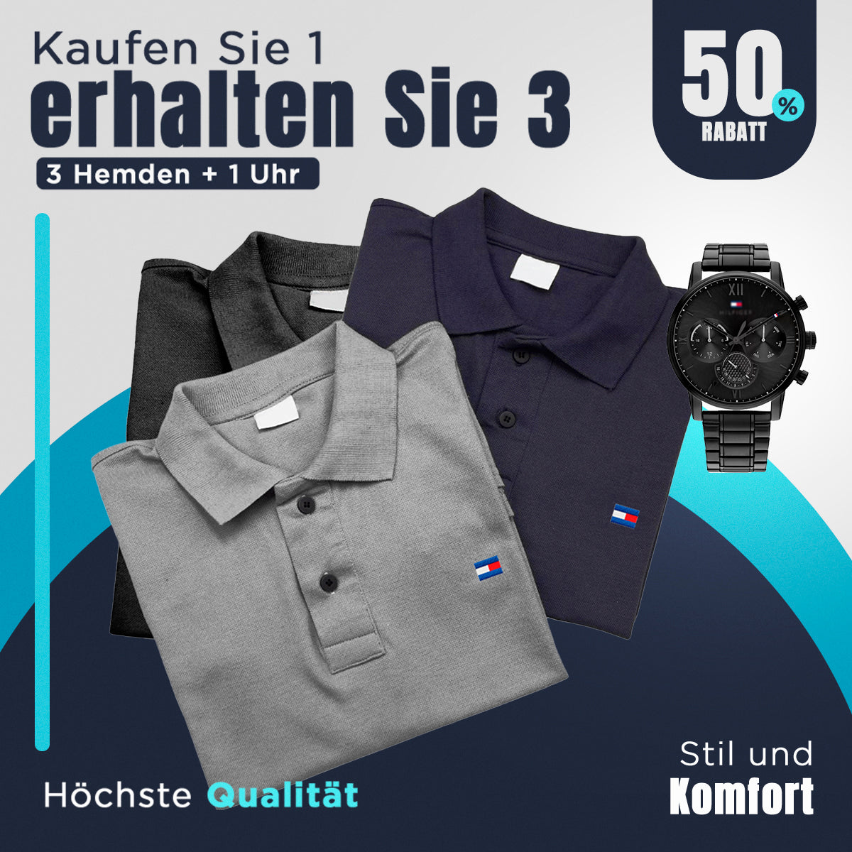 [KAUFEN SIE 1 NEHMEN SIE 4] Kit 3 Tommy Essential T-Shirts + Tommy-Uhr als Geschenk